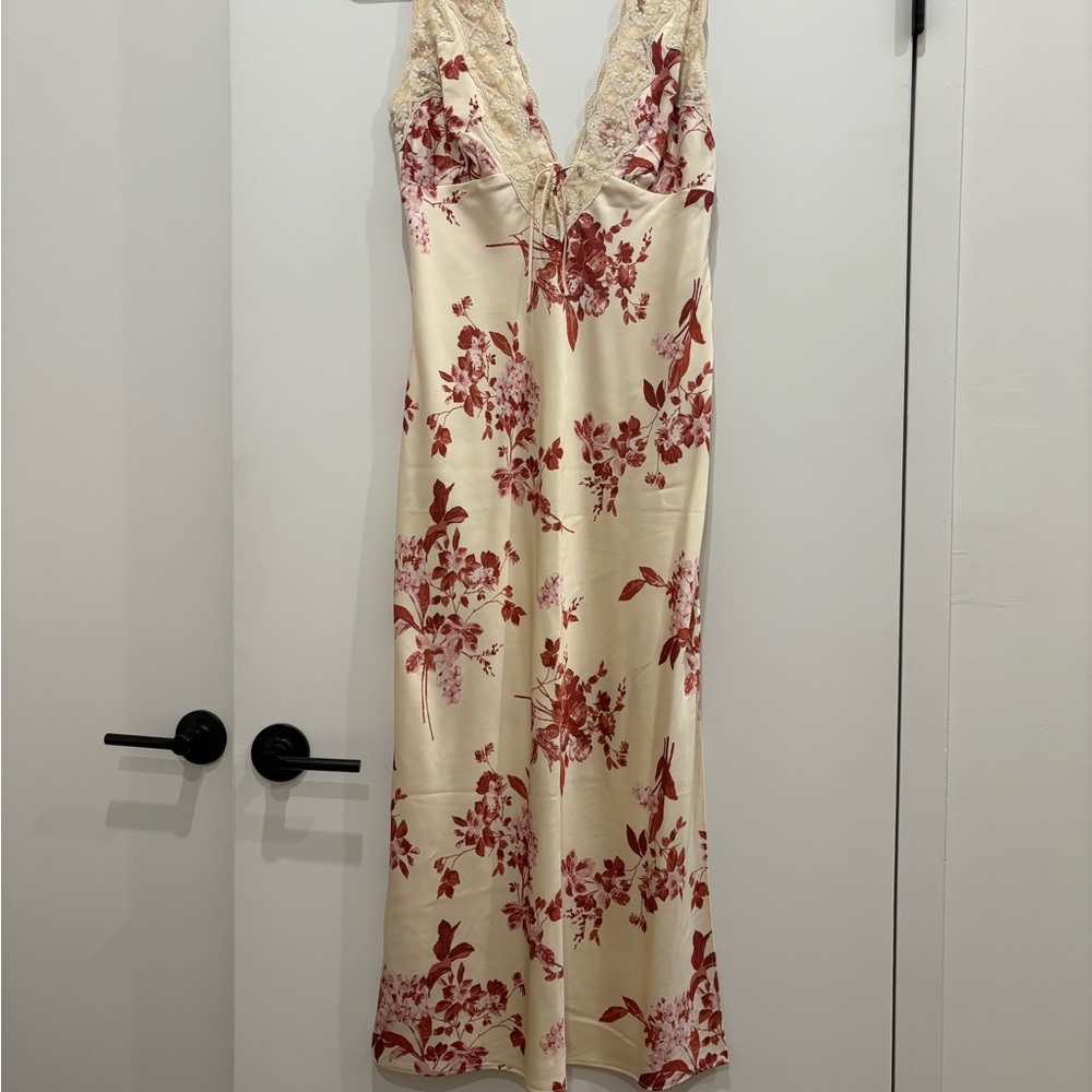 Abercrombie Silky Floral Midi Dress, Lace V-Neck, Ivory, Size Small